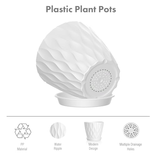 Meowell 4 inch Small Plastic Nursery Pots, 5 Pack Water Ripples Plant Pots for Indoor Plants, Flower Pots with Drainage Holes and Saucers, Seedling Starter Planters for Succulent Plants, White - color: White, size: 4 inch 5 pieces