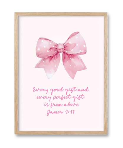 HesenDot Pink Bow Oak Framed Christian Wall Art, James 1:17 Canvas Print - color: Pink Bow James 1:17