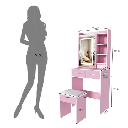 Small Makeup Vanity Desk with Lighted Mirror & Charging Station, Compact Vanity Set with Stool, Hair Dryer Holder, 2 Drawers & Storage Shelves, Space-Saving for Girls Bedroom (Pink) - color: Pink