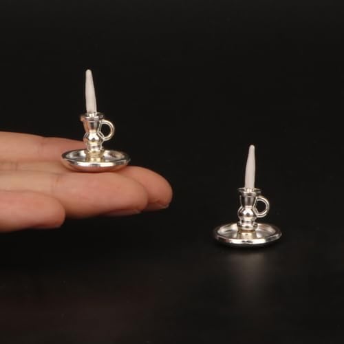 Dollhouse Miniature Candlesticks 2 PCS Candle Holder Set 1/12 Scale Vintage Candles Doll House Desk Ornament Accessories with Metal Round Base for for Fairy Garden (Silver) - color: Silver