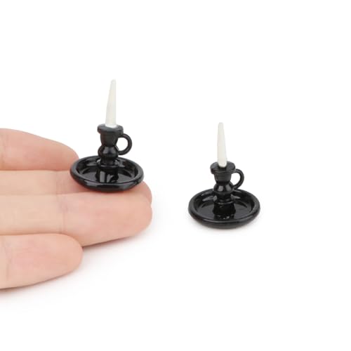 Dollhouse Miniature Candlesticks 2 PCS Candle Holder Set 1/12 Scale Vintage Candles Doll House Desk Ornament Accessories with Metal Round Base for for Fairy Garden (Black) - color: Black