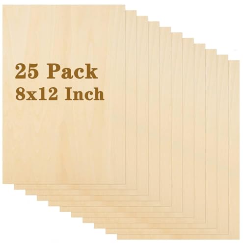 DAJAVE 25 Pack 8x12 Inch Basswood Sheets, 1/16 Inch Thin Craft Plywood Sheets, Unfinished Wood Sheets for Crafts, DIY Wood Arts, Model Making, Wood Burning (300x200x2mm)
