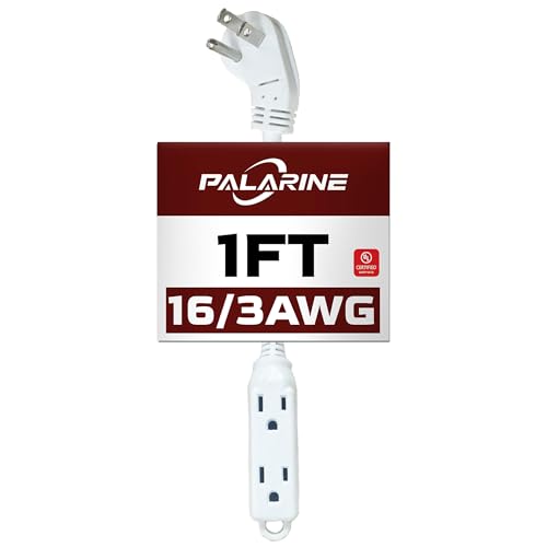 1 Ft White Flat Plug Extension Cord with 3 Outlets, 16 Gauge Heavy Duty - color: White, size: 1 FT