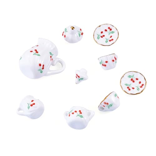 7Pcs Cherry Pattern Handmade Porcelain Mini Tea Sets White Miniature Ceramics Cup Teapot Sugar Bowl Cute Drink Dollhouse Kitchen Accessories for Necklaces Keychain Jewelry Making - color: White With Cherry