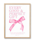 HesenDot Pink Bow Christian Oak Framed Wall Art, Every Good Gift Poster - color: Pink James 1:17