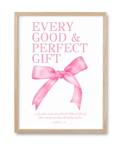HesenDot Pink Bow Christian Oak Framed Wall Art, Every Good Gift Poster - color: Pink James 1:17