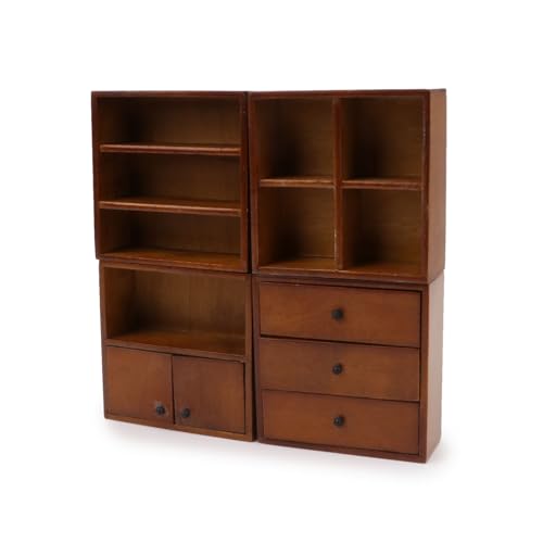 4PCS Miniature Furniture Set Wooden Cabinet Cupboard 1:12 Dollhouse Various Styles Decoration DIY Dollhouse Freely Combinable Furniture Kit Kitchen Bedroom Living Room Display Ornaments (Brown) - style: Brown