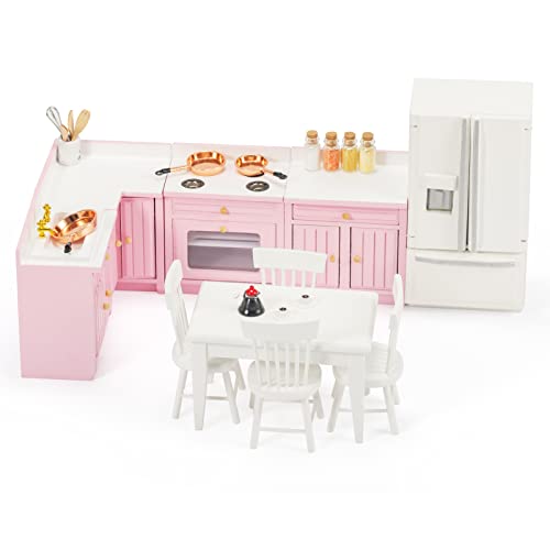 Wooden Dollhouse Furniture Set - Miniature Dollhouse Furniture 1 12 Scale for Dollhouse Kitchen - Doll House Furniture Toys Incl Kitchen Cabinets, Dining Table, Refrigerator and Others (Pink) - style: Pink Deluxe Kitchen Set