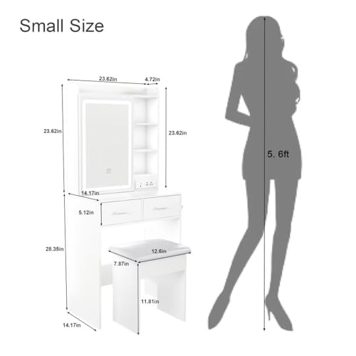 Small Makeup Vanity Desk with Lighted Mirror & Charging Station, Compact Vanity Set with Stool, Hair Dryer Holder, 2 Drawers & Storage Shelves, Space-Saving for Girls Bedroom (White) - color: White