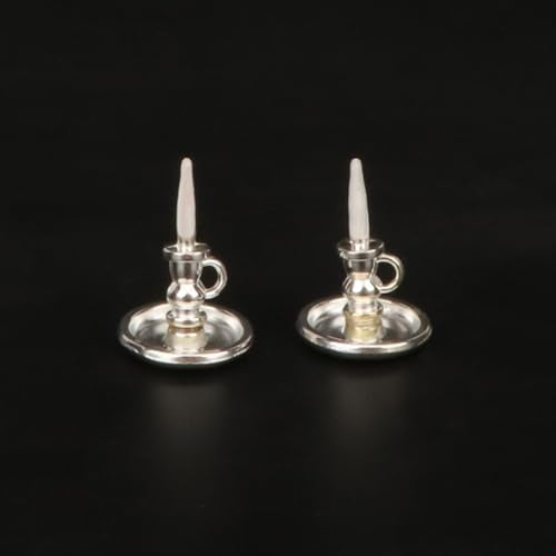 Dollhouse Miniature Candlesticks 2 PCS Candle Holder Set 1/12 Scale Vintage Candles Doll House Desk Ornament Accessories with Metal Round Base for for Fairy Garden (Silver) - color: Silver