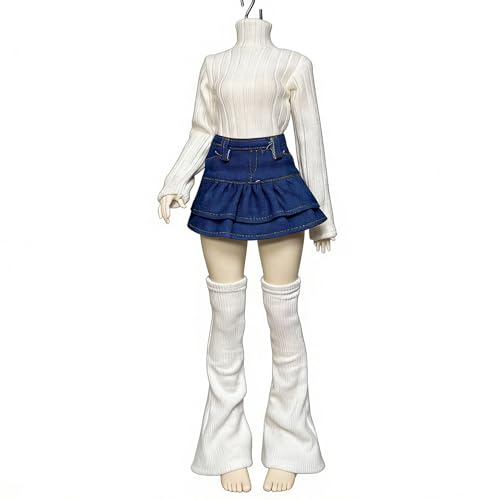 1/3 Scale SD BJD Outfit for 60cm Dolls – Knit High-Neck Top with Denim Skirt and Leg Warmers Set, Doll Not Included - color: Pleated Black (Black Warmers)