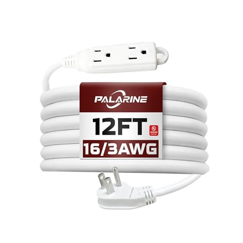 12 Ft White Flat Plug Extension Cord with 3 Outlets, 16 Gauge Heavy Duty - color: White, size: 12 FT