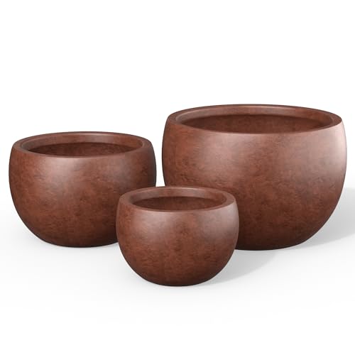 Kante Set of 3 Rusty Concrete Bowl Planters 19.9" 15.7" 11.8" Dia - color: Rusty, size: 19.9"D + 15.7"D + 11.8"D