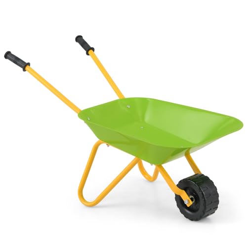 Costzon Kids Wheelbarrow, Metal Construction Toys Kart, Child Wheel Barrel w/Non-Slip Handle, Wearable Wheels, Yard Rover Steel Tray, Tote Dirt/Leaves/Tools in Garden for Toddlers (Light Green) - color: Green, size: 29" x 14" x 17"( L x W x H )
