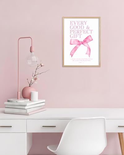 HesenDot Pink Bow Christian Oak Framed Wall Art, Every Good Gift Poster - color: Pink James 1:17