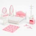 Family Dollhouse Bedroom Set — Bed, Pillows & Bedspread, Vanity with Mirror, Nightstand, Floor Mirror, Chair, Lamp, Coat Rack & Hangers — Dollhouse Furniture & Accessories for Ages 3+ - style: Bedroom Set