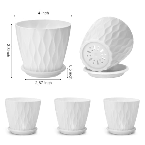 YNNICO 4 inch Plant Pots for Indoor with Drainage Holes and Tray Saucers - color: White, size: 4 inch