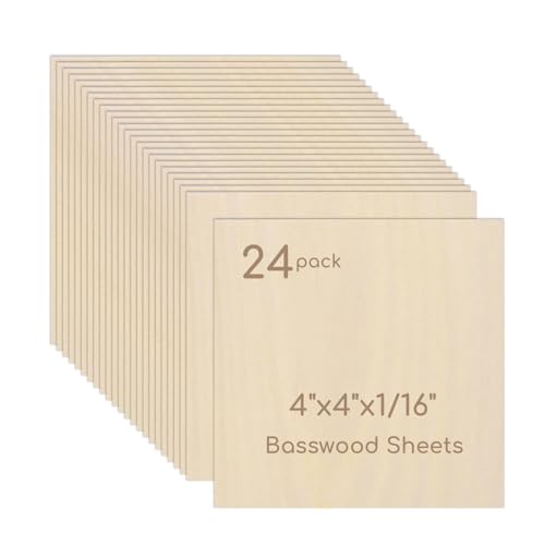 24 Pack Plywood Sheets, 4" x 4"x 1/16" Basswood Sheets - color: 24 Pack, size: 4" x 4"x 1/16"