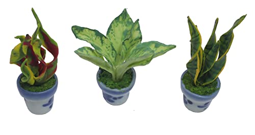 3 Pieces 1:12 Dollhouse Miniature Artificial Flower Plants in Ceramic Pot, Codiaeum Variegatum,Aglaonema,Sansevieria Dollhouse Accessories for Collectibles and Home Decoration