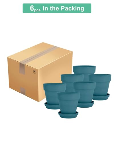 vensovo 4 Inch Steel Blue Terracotta & Clay Pots with Saucer, 6 Pack - color: Blue