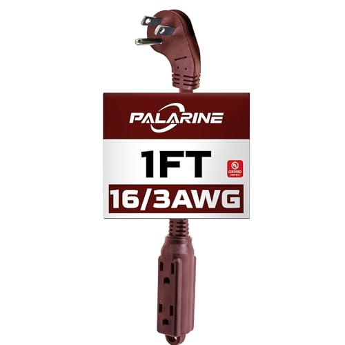 1 Ft Brown Flat Plug Extension Cord with 3 Outlets, 16 Gauge Heavy Duty - color: Brown, size: 1 FT
