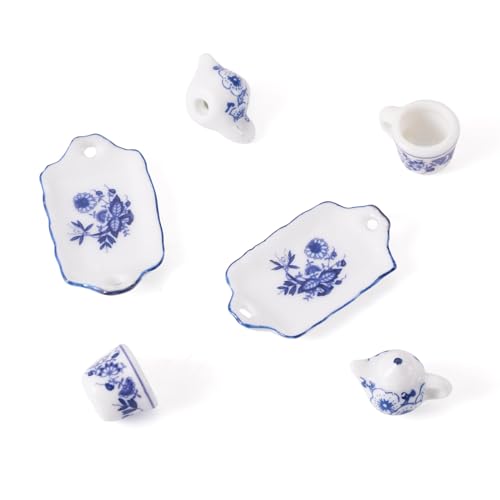 6Pcs Porcelain Cup Charms 3 Styles Miniature Ceramics Cup Teapot Plate Mini Tea Cups Hanging Pendant with Flower for Keychains Earrings Jewelry Making - color: White With Blue Flower-3 Styles