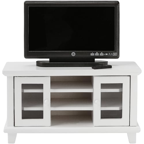 Dollhouse TV Stand with Television and Remote, 1/12 Scale Mini Miniature Furniture Accessories, White Wooden Cabinet Model for Living Room & Home Decoration, Tiny Decor Gift Set for Hobby Handcraft