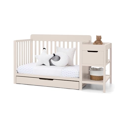 Delta Children Maya 5-in-1 Convertible Crib and Changer with Storage, Converts to Toddler Bed, Daybed, Sofa & Full Bed, Greenguard Gold Certified, 3 Mattress Heights for Baby, Soft Beige - color: Soft Beige