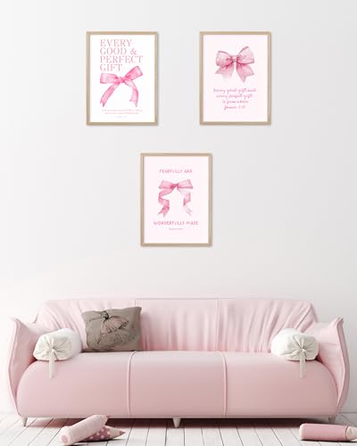 HesenDot Pink Bow Christian Oak Framed Wall Art, Every Good Gift Poster - color: Pink James 1:17