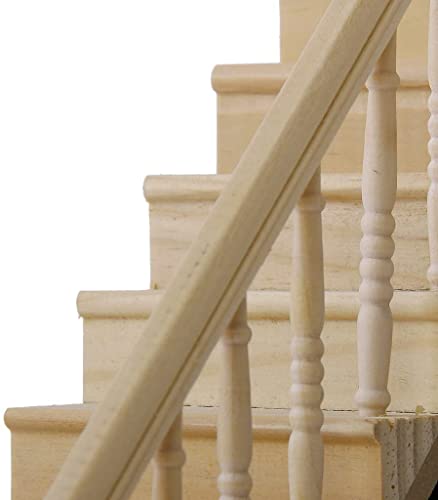 Miniature Stairs 1:12 Scale Dollhouse Furniture Wooden Handrail DIY Unpainted Staircase Dollhouse Accessories Pre-Assembled Steps Model (Right-Handrail) - style: Right-Handrail