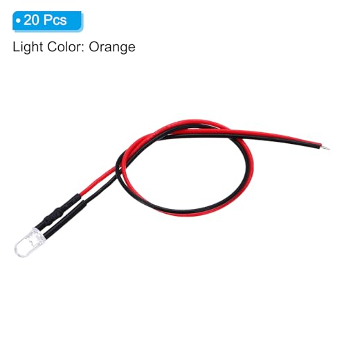 PATIKIL 5mm LED Diode Light, 20 Pcs 4.5-6V DC Pre Wired Mini LED Lights Bulb Light-Emitting Lamp for RC DIY Indicator Lighting, Orange Light - color: Orange Light, size: 5mm