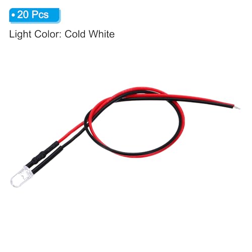 PATIKIL 5mm LED Diode Light, 20 Pcs 4.5-6V DC Pre Wired Mini LED Lights Bulb Light-Emitting Lamp for RC DIY Indicator Lighting, Cold White Light - color: Cold White Light, size: 5mm