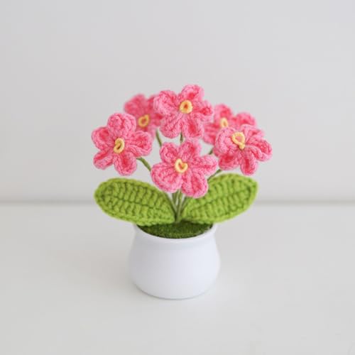 Crochet Flowers Cute Potted Flower, Handmade Knitting Myosotis Flower Gift for Birthday, Teacher’s Day, Anniversary, Christmas, Valentines, Decor for Women Home Office Desk - color: Dark Pink