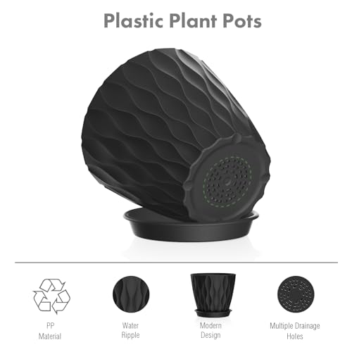 Meowell 4 inch Small Plastic Nursery Pots, Seedling Pots, 5 Set Water Ripples Plant Pots for Indoor Plants, Flower Pots with Drainage Holes and Saucers, Seed Starter Pots for Succulent Plants, Black - color: Black, size: 4 inch 5 pieces