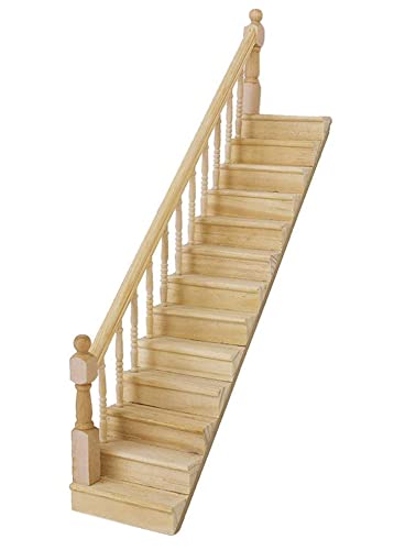 Miniature Stairs 1:12 Scale Dollhouse Furniture Wooden Handrail DIY Unpainted Staircase Dollhouse Accessories Pre-Assembled Steps Model (Left-Handrail) - style: Left-Handrail