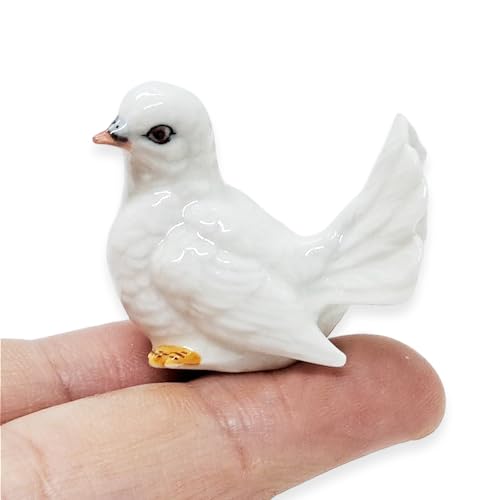 WitnyStore Tiny 1⅛" White Looking Left Pigeon Dove Bird Figurine - Miniature Hand Made Painted Ceramic Birds Aves Colorful Porcelain Feathered Animals Cute Decorative Collectible Figures Décor Gifts