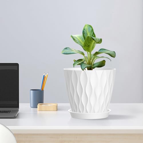 Meowell 6 inch Flower Pots, 5 Pack Plant Pots for Indoor Outdoor Plants, Water Ripples Plastic Planters with Drainage Holes and Saucers, Nursery Pots for Small Succulent Garden House Plants, White - color: White, size: 6 inch 5 pieces
