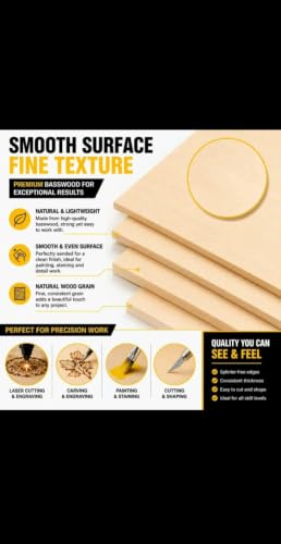 Basswood Sheets 12x12 in, 1/8 Inch Thick 24 Pack Unfinished Square Wood Boards for Laser Cutting, Wood Burning, Engraving, Painting, DIY Crafts, Model Making, CNC, and Architectural Projects