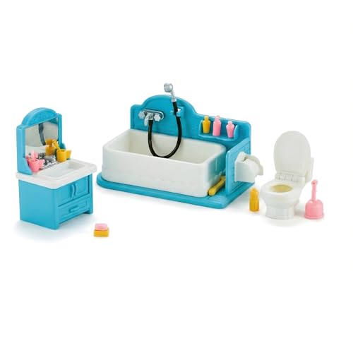 Family Dollhouse Bathroom Set — Bathtub with Hand Shower, Sink with Mirror & Toilet, Soap, Toothbrush & Toilet Paper Roll — Dollhouse Furniture & Accessories for Ages 3+ - style: Bathroom Set