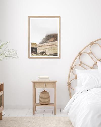 HesenDot Farmhouse Mountain Cabin Natural OAK Wood Framed Wall Art, 12x16in - color: Framed House and Hill