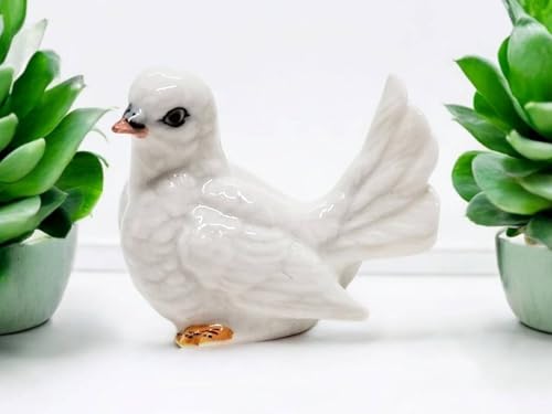 WitnyStore Tiny 1⅛" White Looking Left Pigeon Dove Bird Figurine - Miniature Hand Made Painted Ceramic Birds Aves Colorful Porcelain Feathered Animals Cute Decorative Collectible Figures Décor Gifts