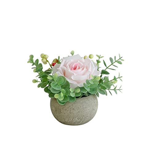 Artificial Light Pink Rose Potted Plant, Mini Faux Floral Decor - color: Light Pink