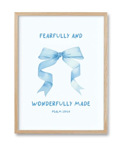 HesenDot Blue Bow Psalm 139:14 Bible Verse OAK Frame Wall Art 12x16in - color: Blue Bow Psalm 139:14