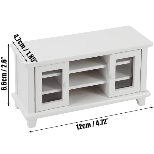 Dollhouse TV Stand with Television and Remote, 1/12 Scale Mini Miniature Furniture Accessories, White Wooden Cabinet Model for Living Room & Home Decoration, Tiny Decor Gift Set for Hobby Handcraft