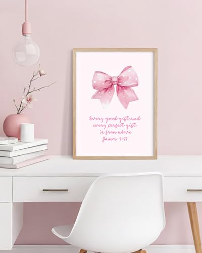 HesenDot Pink Bow Oak Framed Christian Wall Art, James 1:17 Canvas Print - color: Pink Bow James 1:17