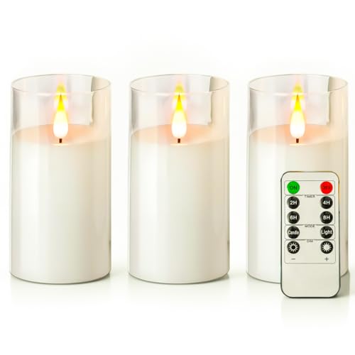 NICEME Flickering Flameless Candles with Remote Control Timer Unbreakable Acrylic Battery Operated LED Candles with Flickering Flame 3D Wick for Romantic Ambience Home Decor Set of 3, D3” xH6” - color: Ivory + Clear Acrylic, size: D 3”×H 6”6”6”