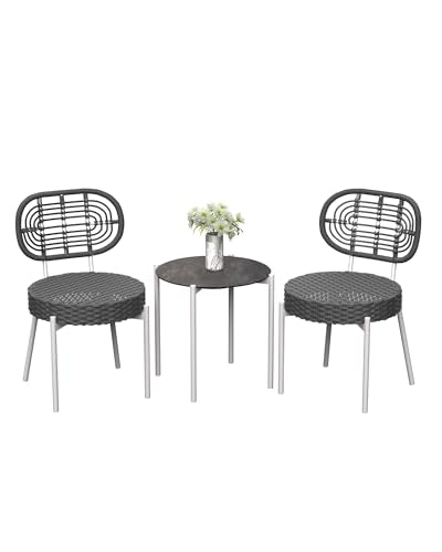 GarveeLife 3 Piece Wicker Patio Bistro Furniture Set, Outdoor Dining Chairs, Includes 2 Rattan Chairs and Tempered Glass Table, for Garden, Backyard, Balcony, Apartment, White & Grey - color: White & Grey