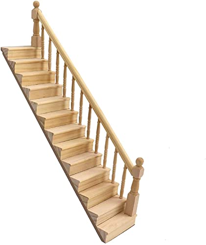 Miniature Stairs 1:12 Scale Dollhouse Furniture Wooden Handrail DIY Unpainted Staircase Dollhouse Accessories Pre-Assembled Steps Model (Right-Handrail) - style: Right-Handrail