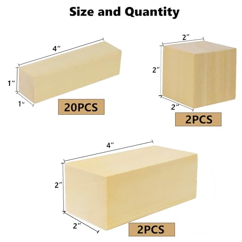 Ninekong 24PCS Basswood Carving Blocks with 3 Sizes，Whittling Wood Carving Kit,Soft Basswood for Carving(4"x1"x1",4"x2"x2",2"x2"x2") - size: 24 pieces 1x1x4/2x2x4/2x2x2 inch