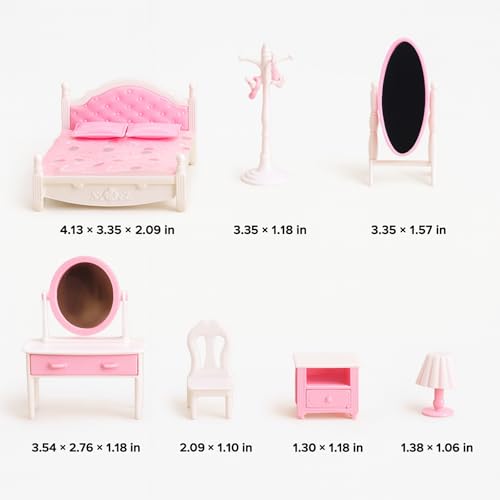 Family Dollhouse Bedroom Set — Bed, Pillows & Bedspread, Vanity with Mirror, Nightstand, Floor Mirror, Chair, Lamp, Coat Rack & Hangers — Dollhouse Furniture & Accessories for Ages 3+ - style: Bedroom Set